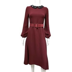 J. MENDEL Burgundy Belted Beaded Peter Pan Collared A-Line Midi Dress Size 6